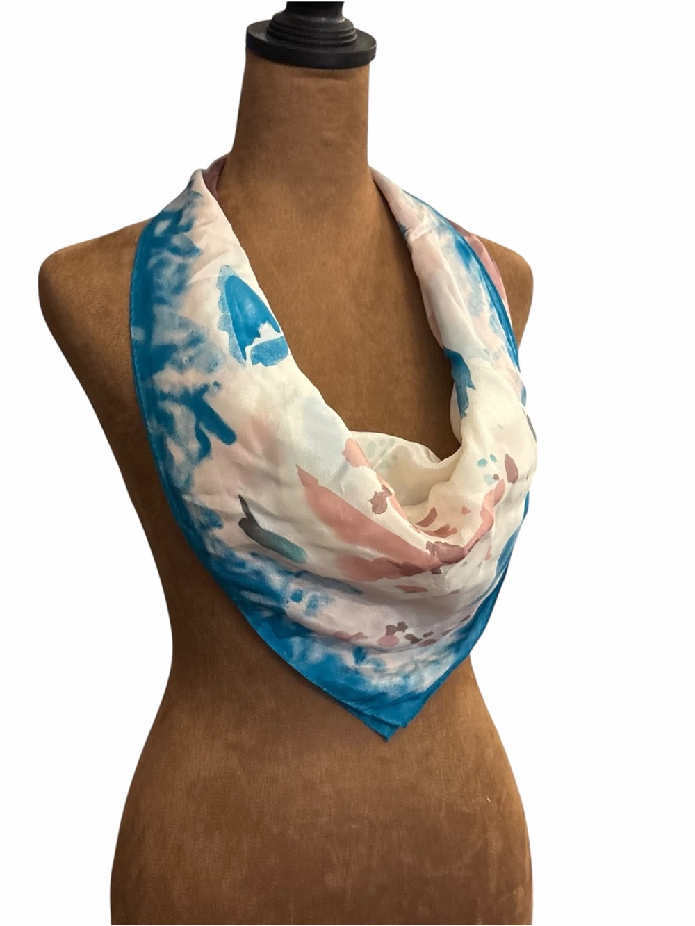 Georgiou Silk Scarf Square Multi-Color 30" x 31" Watercolor Florals Blues Browns